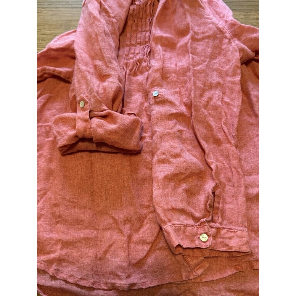 J Jill Sz M Womens Linen Button Down Tunic Top Coarl Pink Shirt Tuxedo Front - Picture 12 of 16